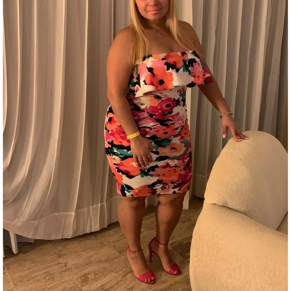 Sensational Collection Floral Off Shoulder Ruffle‎ Bodycon Dress XL Made USA